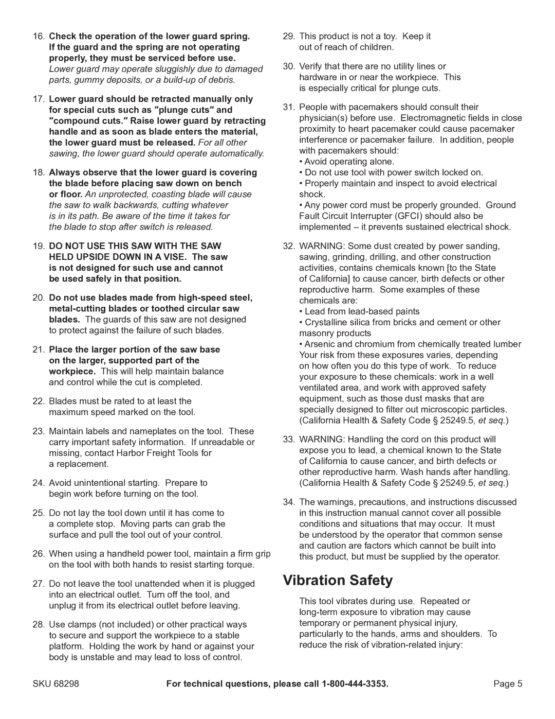 Harbor Freight Tools 68298 manual Vibration Safety 