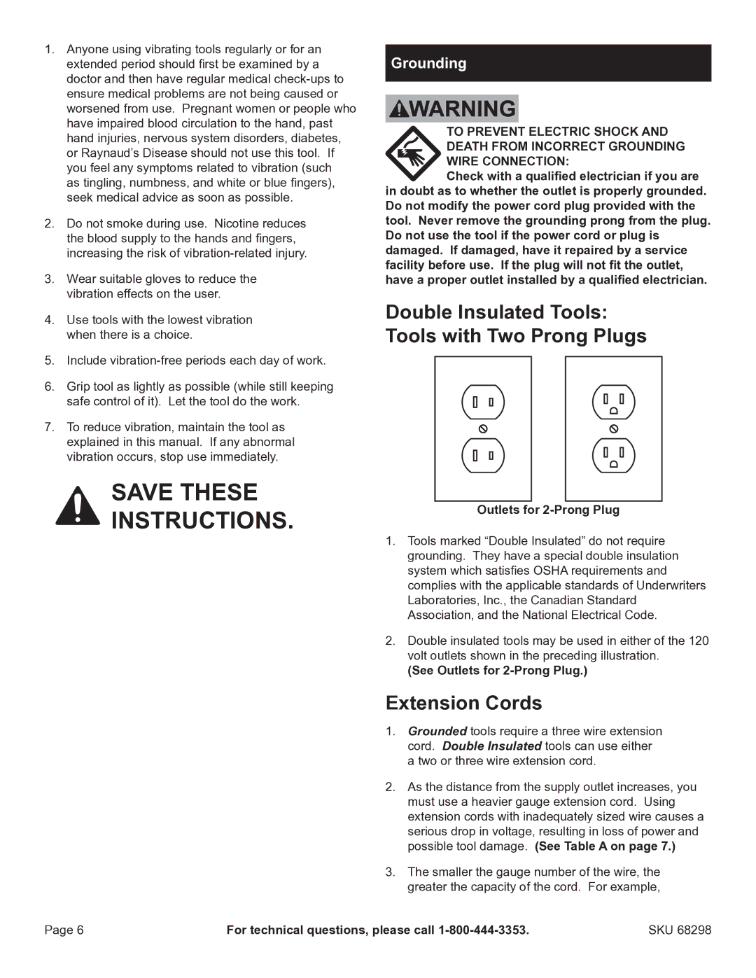 Harbor Freight Tools 68298 manual Double Insulated Tools Tools with Two Prong Plugs, Extension Cords, Grounding 