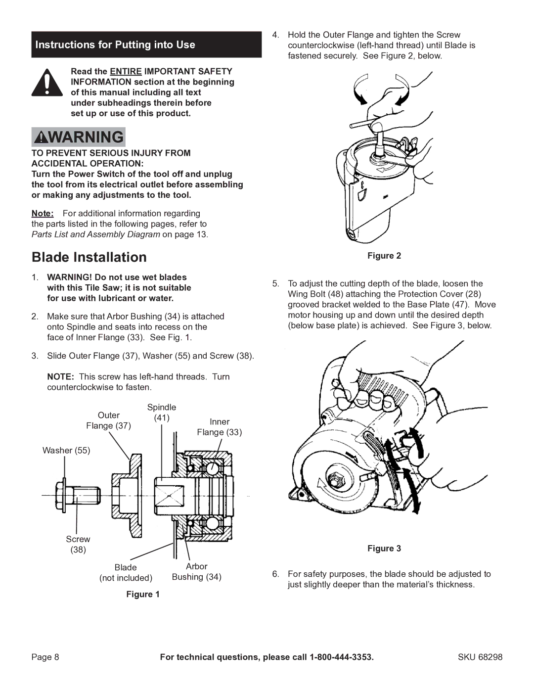 Harbor Freight Tools 68298 manual Blade Installation, Instructions for Putting into Use 