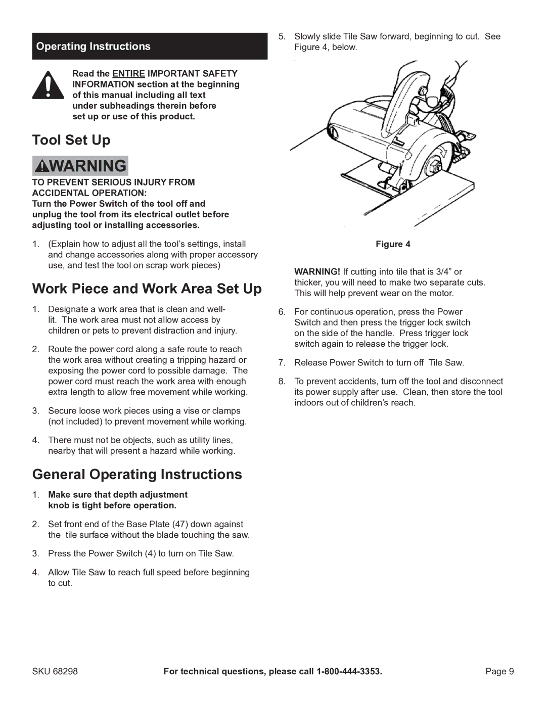 Harbor Freight Tools 68298 manual Tool Set Up, Work Piece and Work Area Set Up, General Operating Instructions 