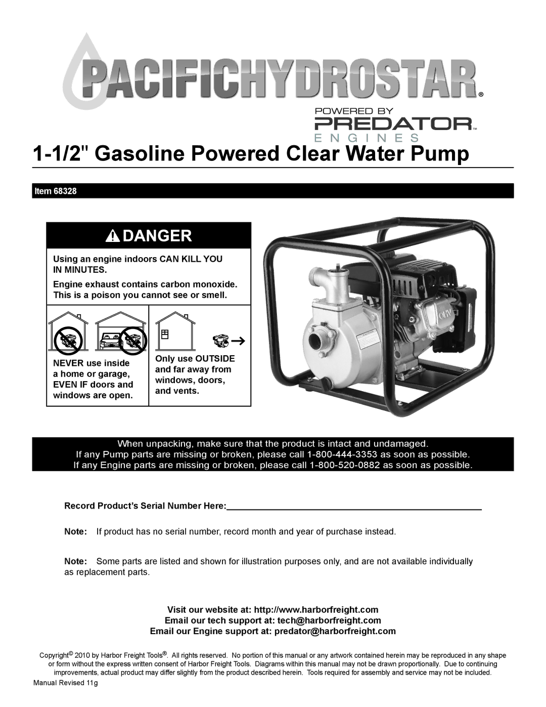 Harbor Freight Tools 68328 manual 2Gasoline Powered Clear Water Pump, Using an engine indoors can Kill YOU 