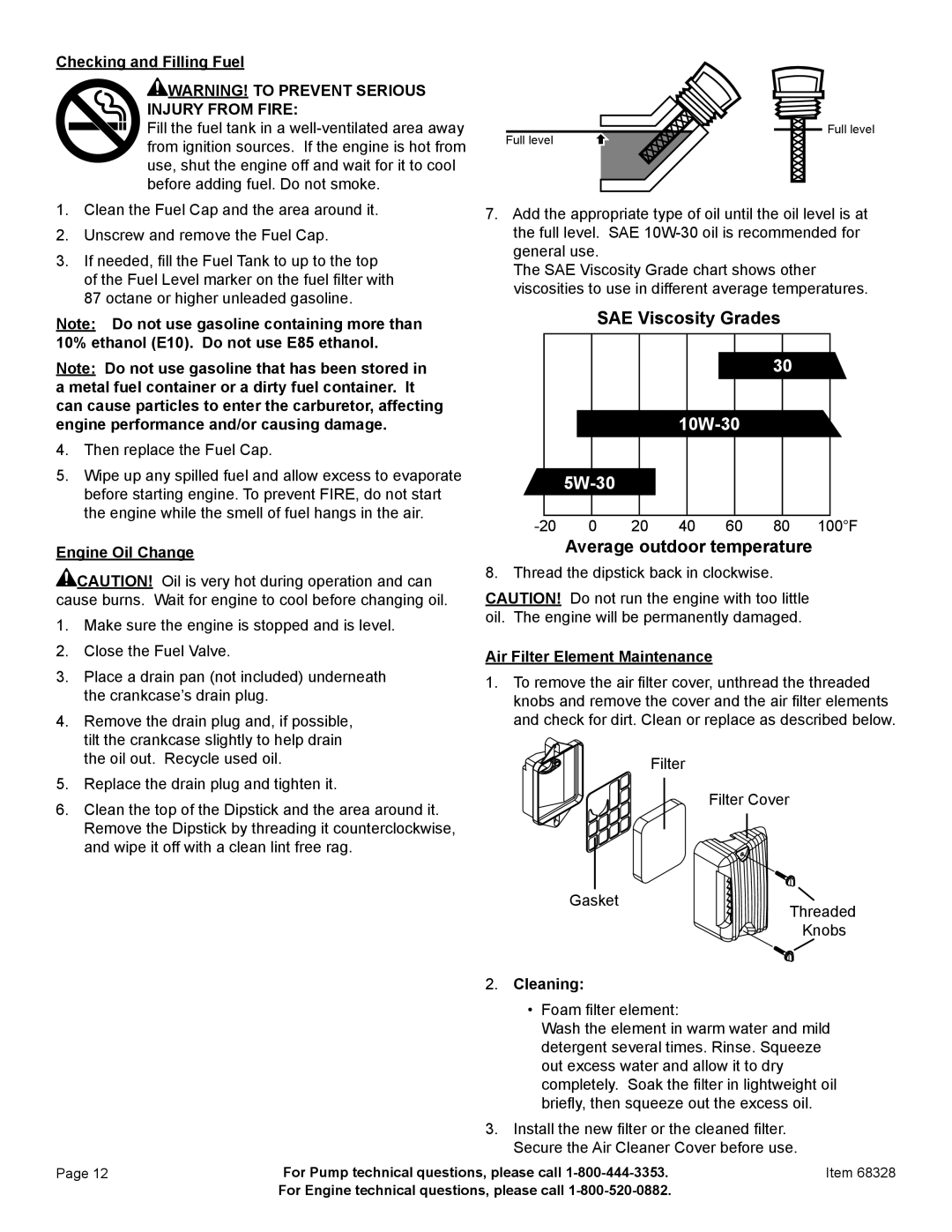 Harbor Freight Tools 68328 manual Engine Oil Change, Air Filter Element Maintenance, Cleaning 