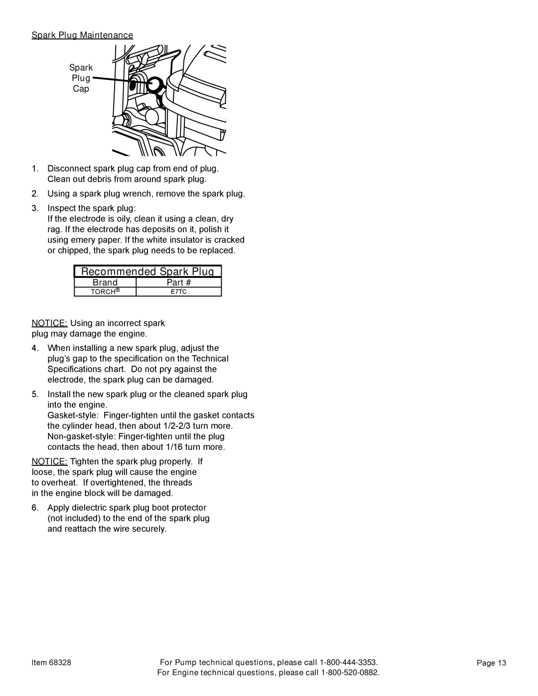 Harbor Freight Tools 68328 manual Recommended Spark Plug, Spark Plug Maintenance Cap, Brand 