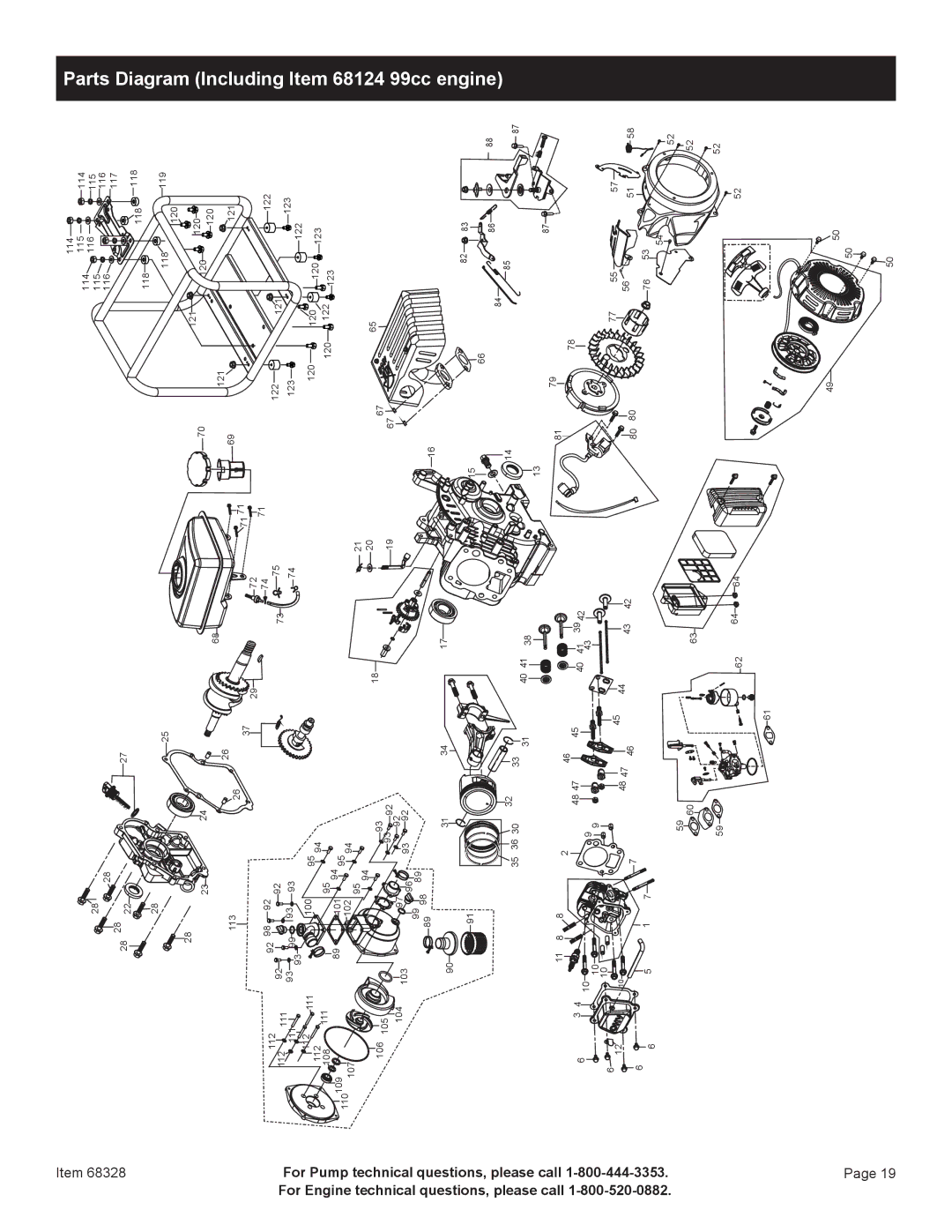 Harbor Freight Tools 68328 Parts Diagram Including Item 68124 99cc engine, For Engine For Pump Technical questions, please 