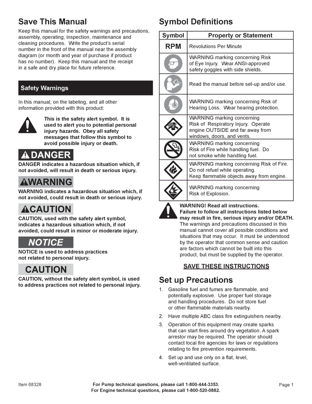 Harbor Freight Tools 68328 manual Save This Manual, Symbol Definitions, Set up Precautions, Safety Warnings 