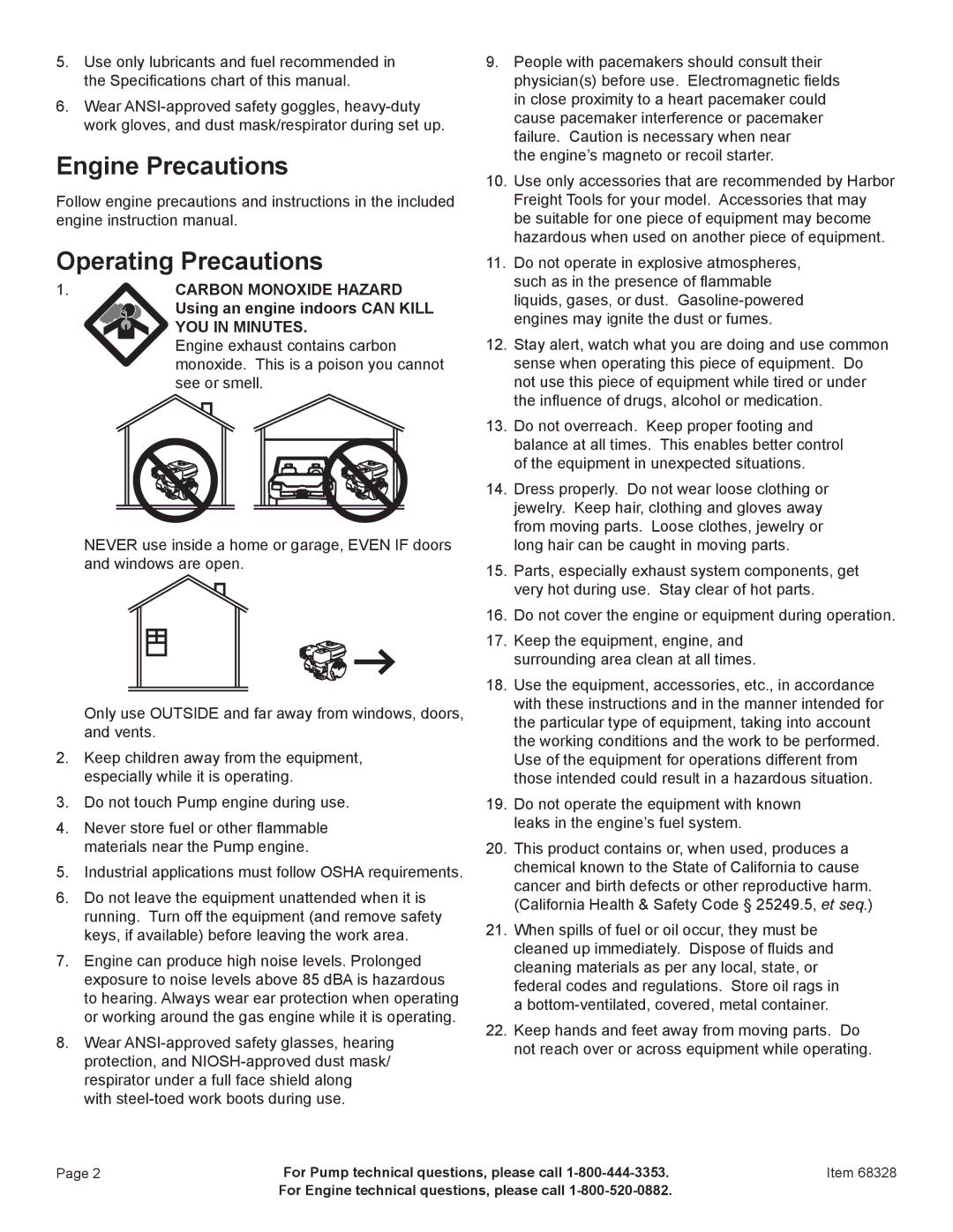 Harbor Freight Tools 68328 manual Engine Precautions Operating Precautions 