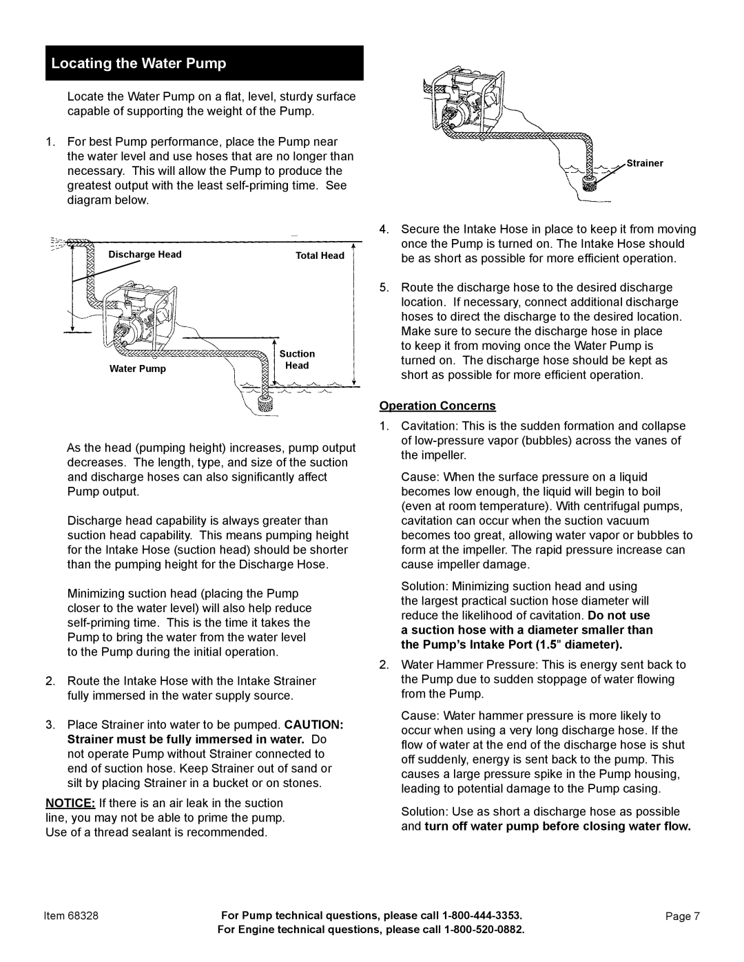 Harbor Freight Tools 68328 manual Locating the Water Pump, Operation Concerns 