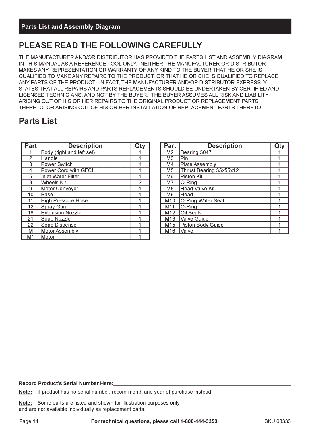 Harbor Freight Tools 68333 manual Parts List and Assembly Diagram 