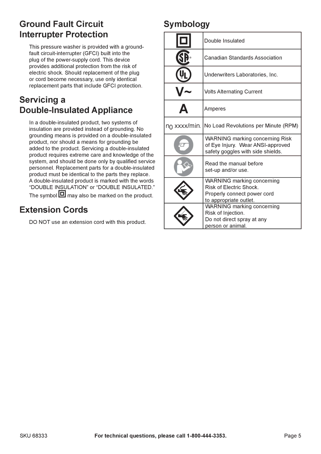 Harbor Freight Tools 68333 Ground Fault Circuit Interrupter Protection, Servicing a Double-Insulated Appliance, Symbology 