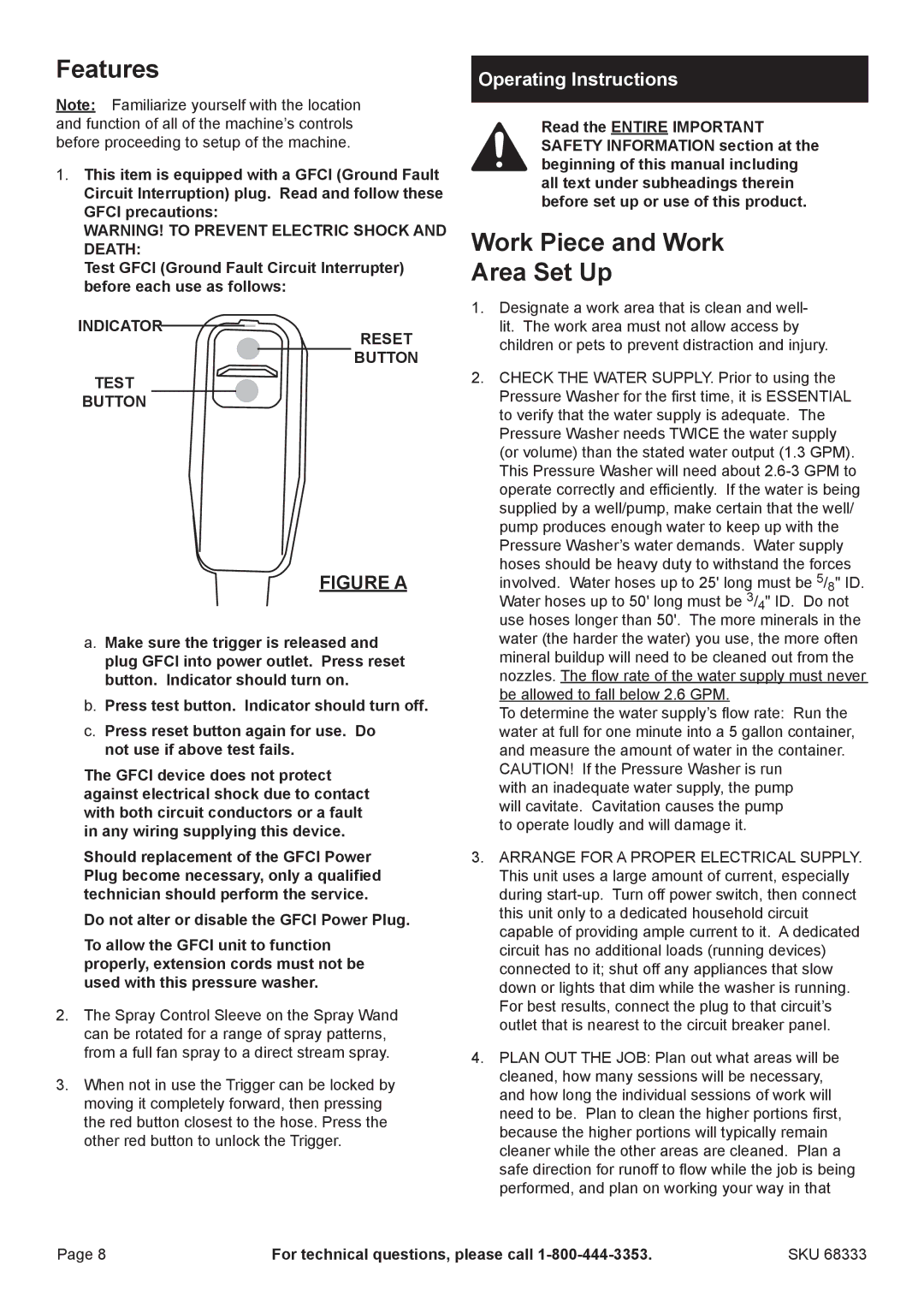 Harbor Freight Tools 68333 manual Features, Work Piece and Work Area Set Up, Operating Instructions 