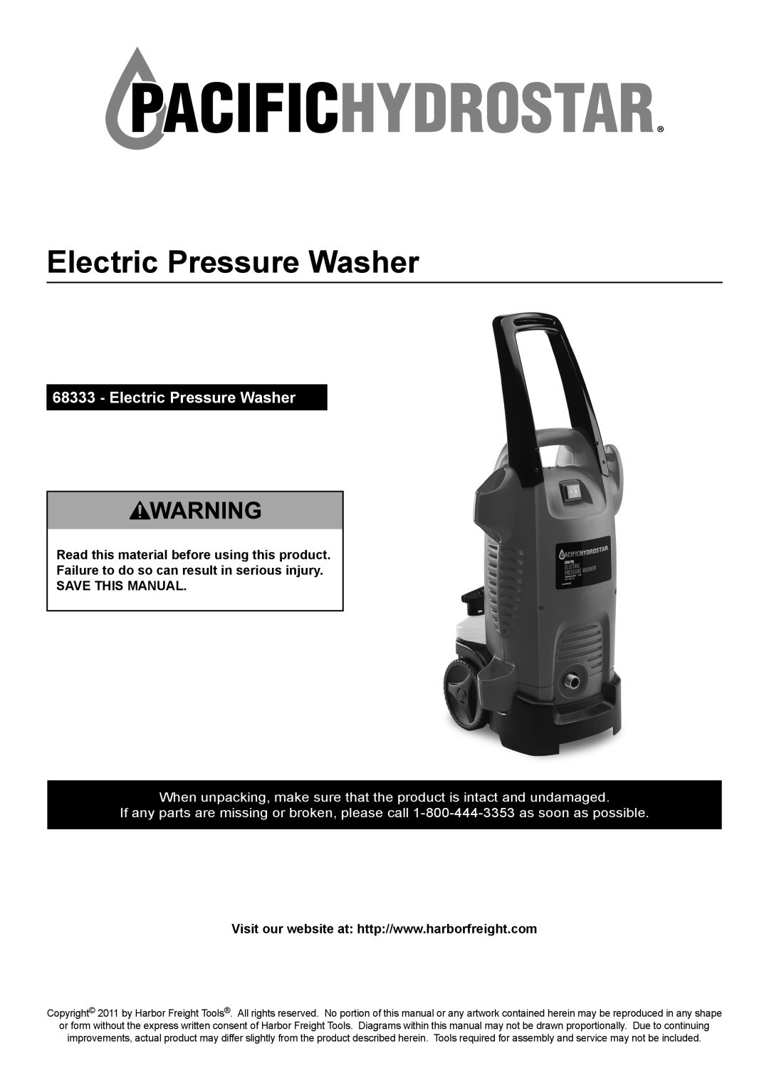 Harbor Freight Tools 68333 manual Electric Pressure Washer, Read this material before using this product 