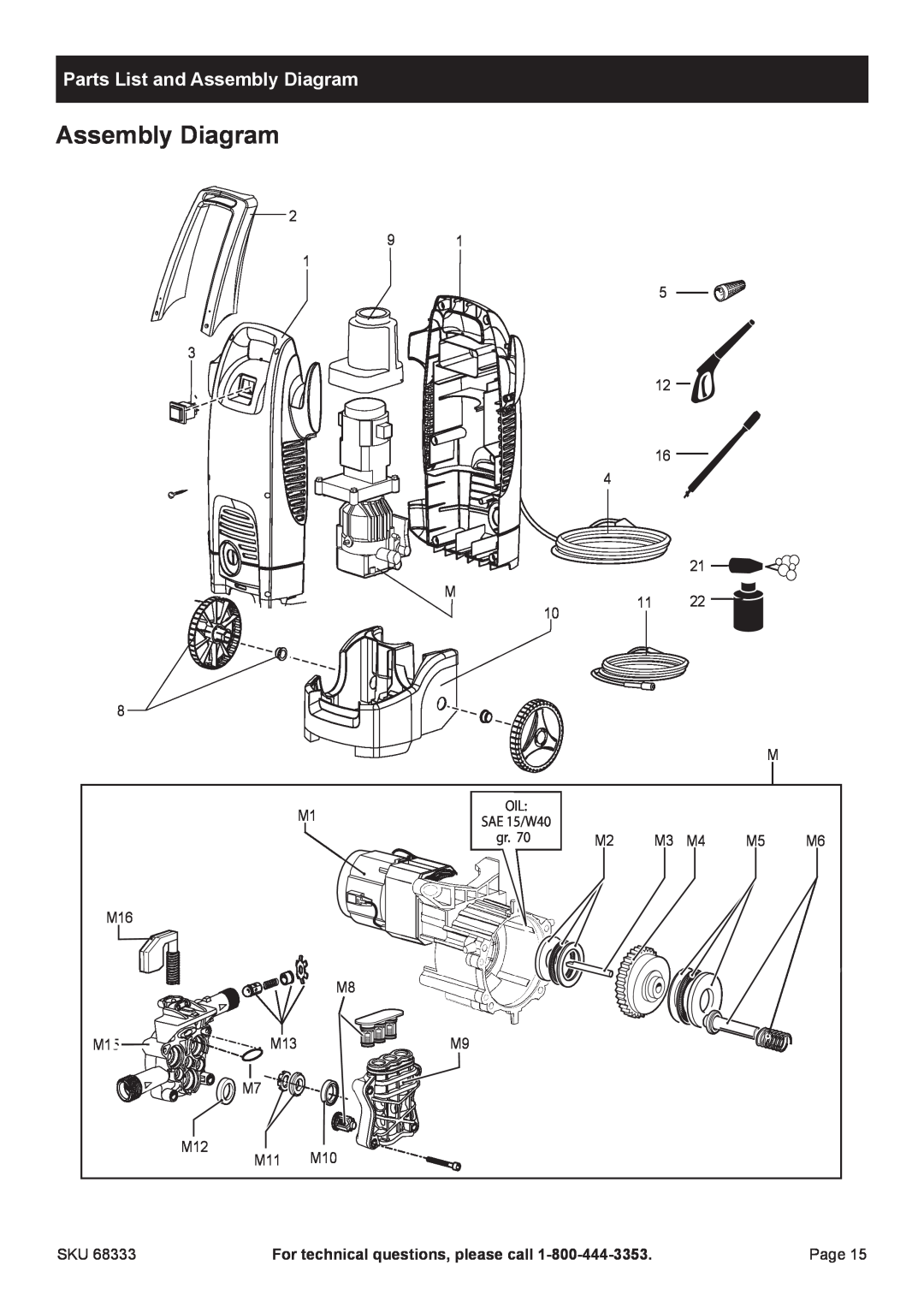 Harbor Freight Tools 68333 manual Parts List and Assembly Diagram, For technical questions, please call 