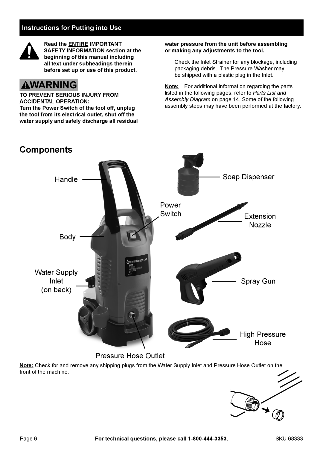 Harbor Freight Tools 68333 Components, Instructions for Putting into Use, Handle, High Pressure Hose Pressure Hose Outlet 