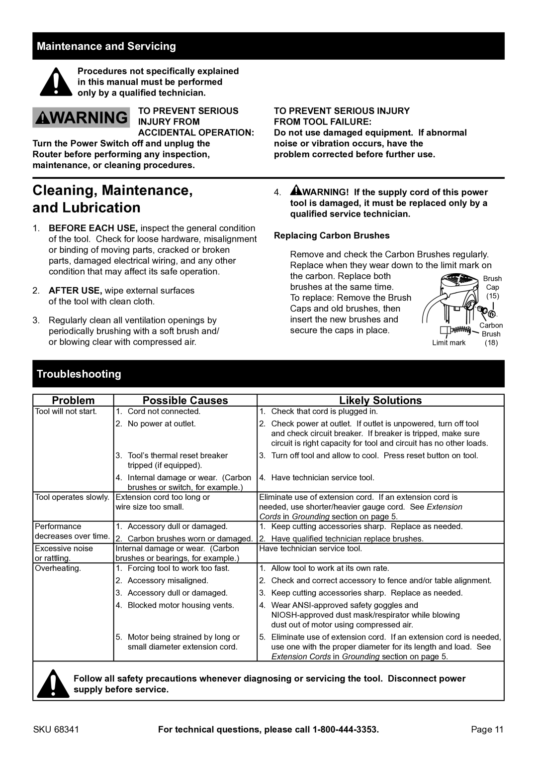 Harbor Freight Tools 68341 manual Cleaning, Maintenance Lubrication, Maintenance and Servicing, Troubleshooting 