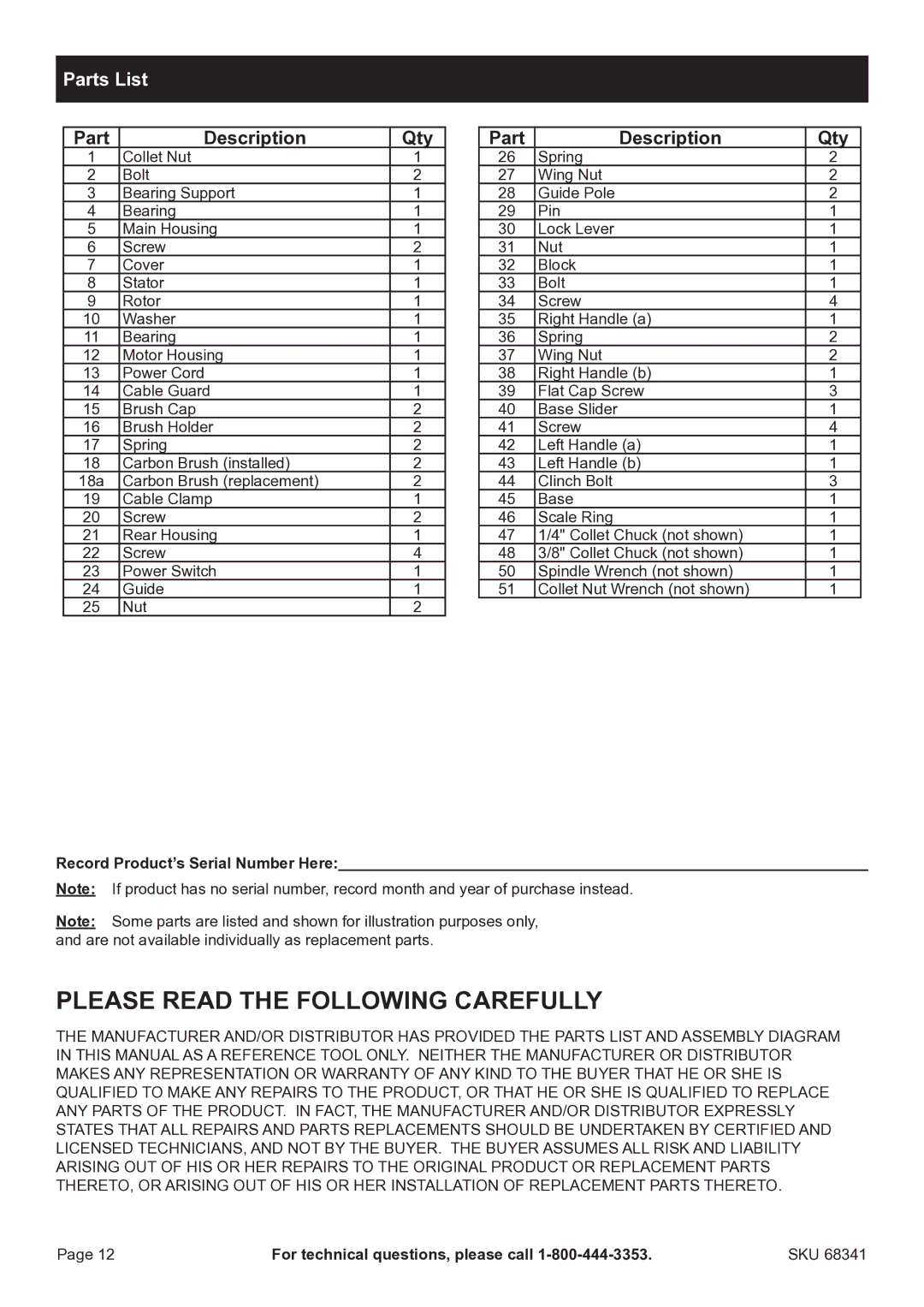 Harbor Freight Tools 68341 manual Parts List, Part Description Qty, Record Product’s Serial Number Here 