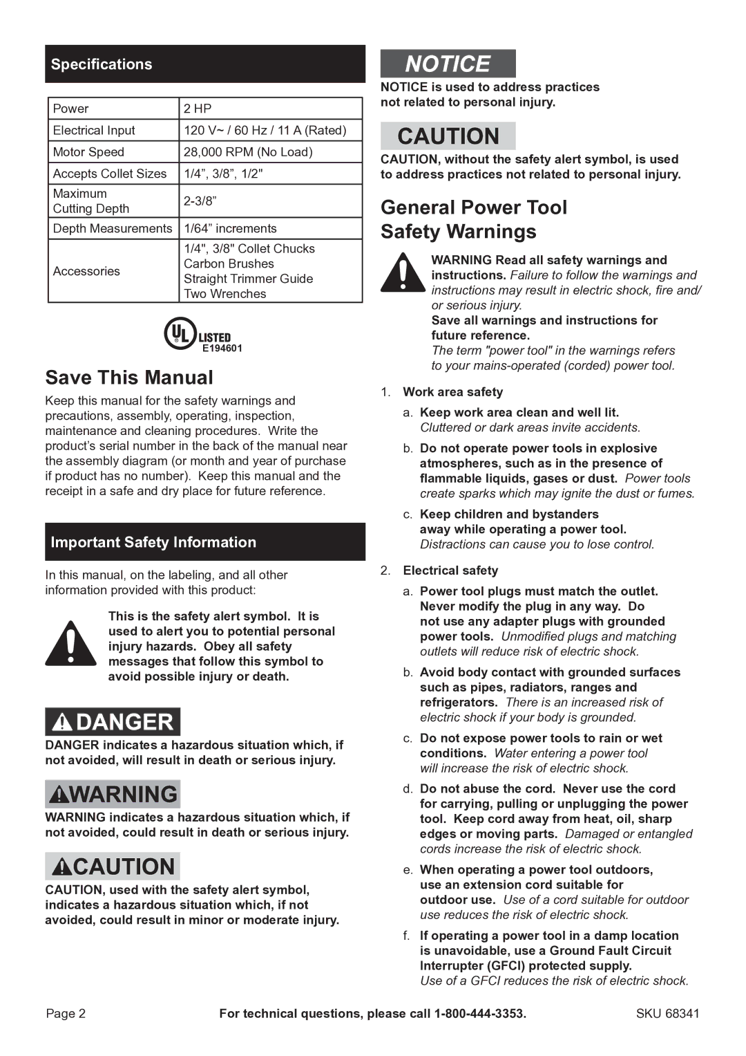 Harbor Freight Tools 68341 manual Save This Manual, General Power Tool Safety Warnings, Specifications 