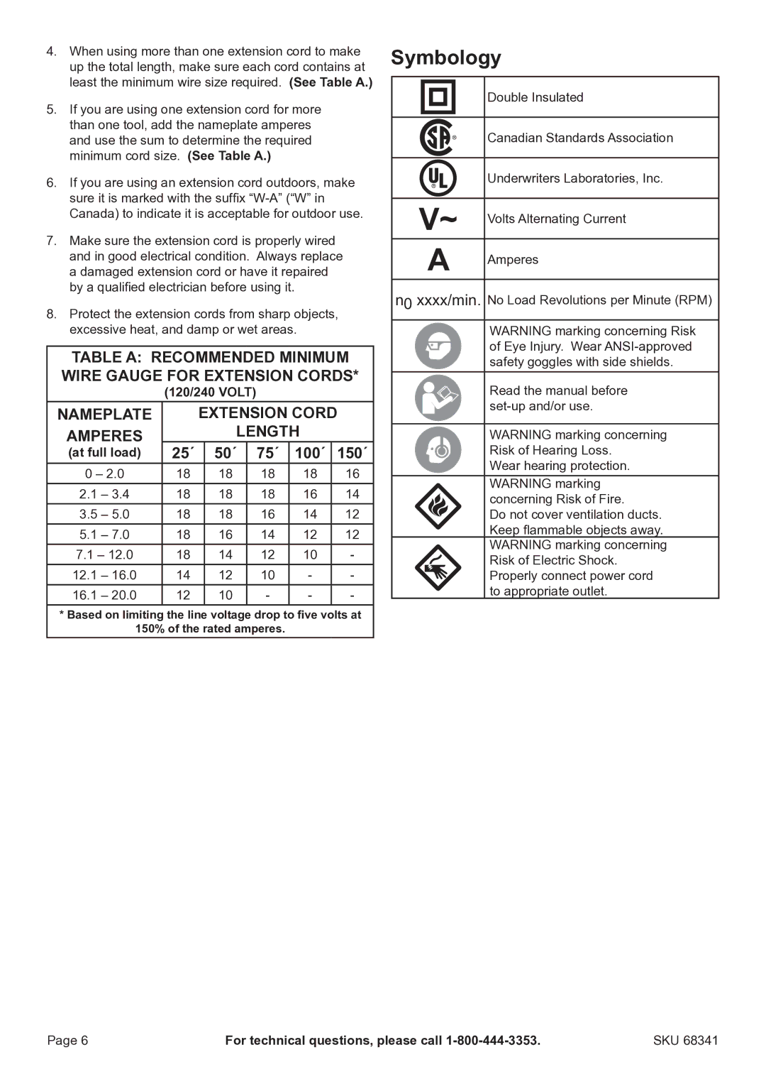 Harbor Freight Tools 68341 Symbology, Table a Recommended Minimum Wire Gauge for Extension Cords, 25´ 50´ 75´ 100´ 150´ 