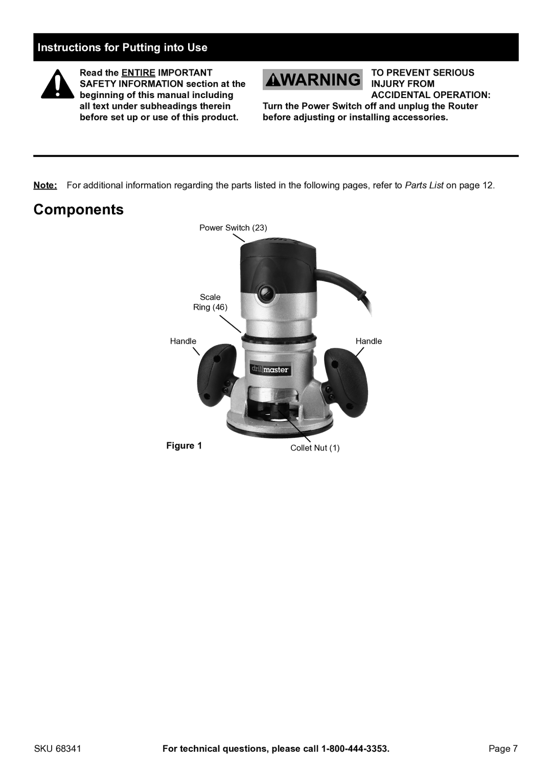 Harbor Freight Tools 68341 manual Components, Instructions for Putting into Use 