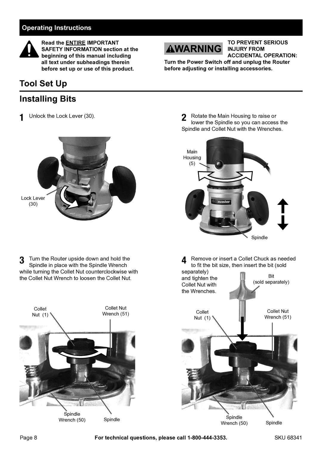 Harbor Freight Tools 68341 manual Tool Set Up Installing Bits, Operating Instructions 