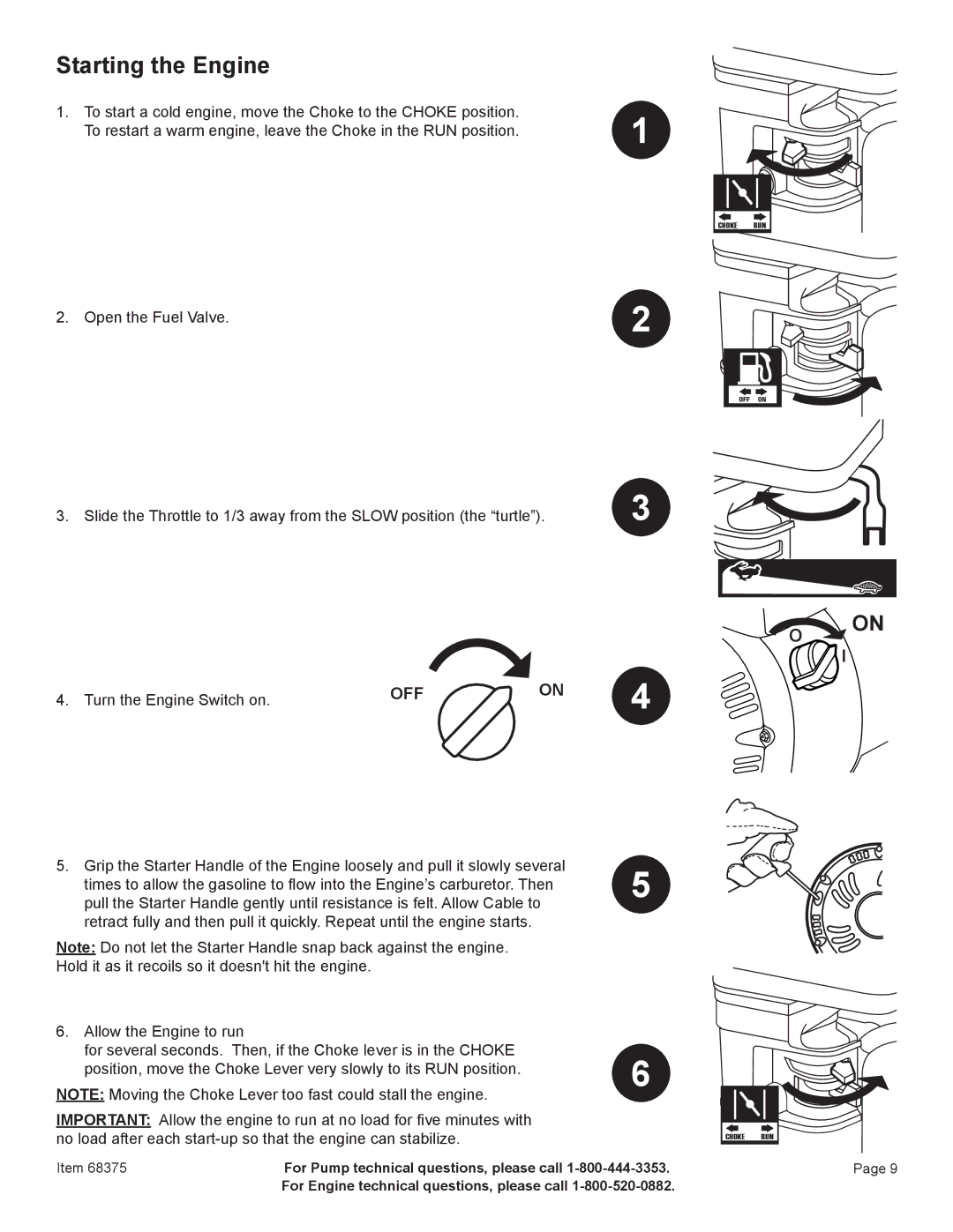 Harbor Freight Tools 68375 manual Starting the Engine 