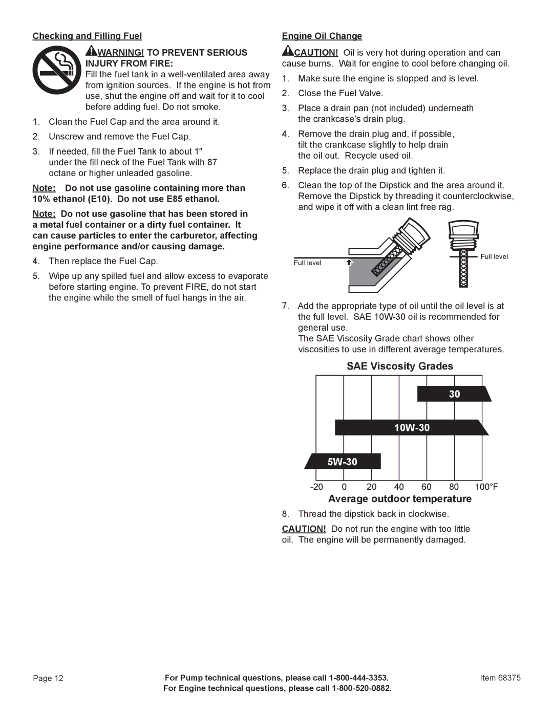 Harbor Freight Tools 68375 manual 10W-30 5W-30, Engine Oil Change 