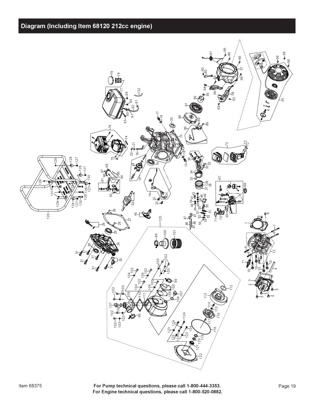 Harbor Freight Tools 68375 manual Diagram Including Item 68120 212cc engine 