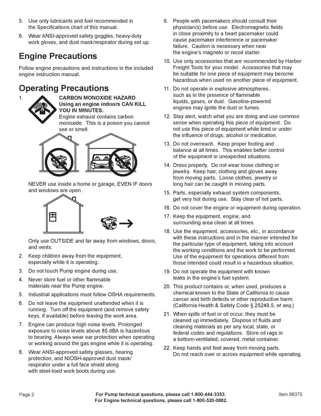 Harbor Freight Tools 68375 manual Engine Precautions Operating Precautions 