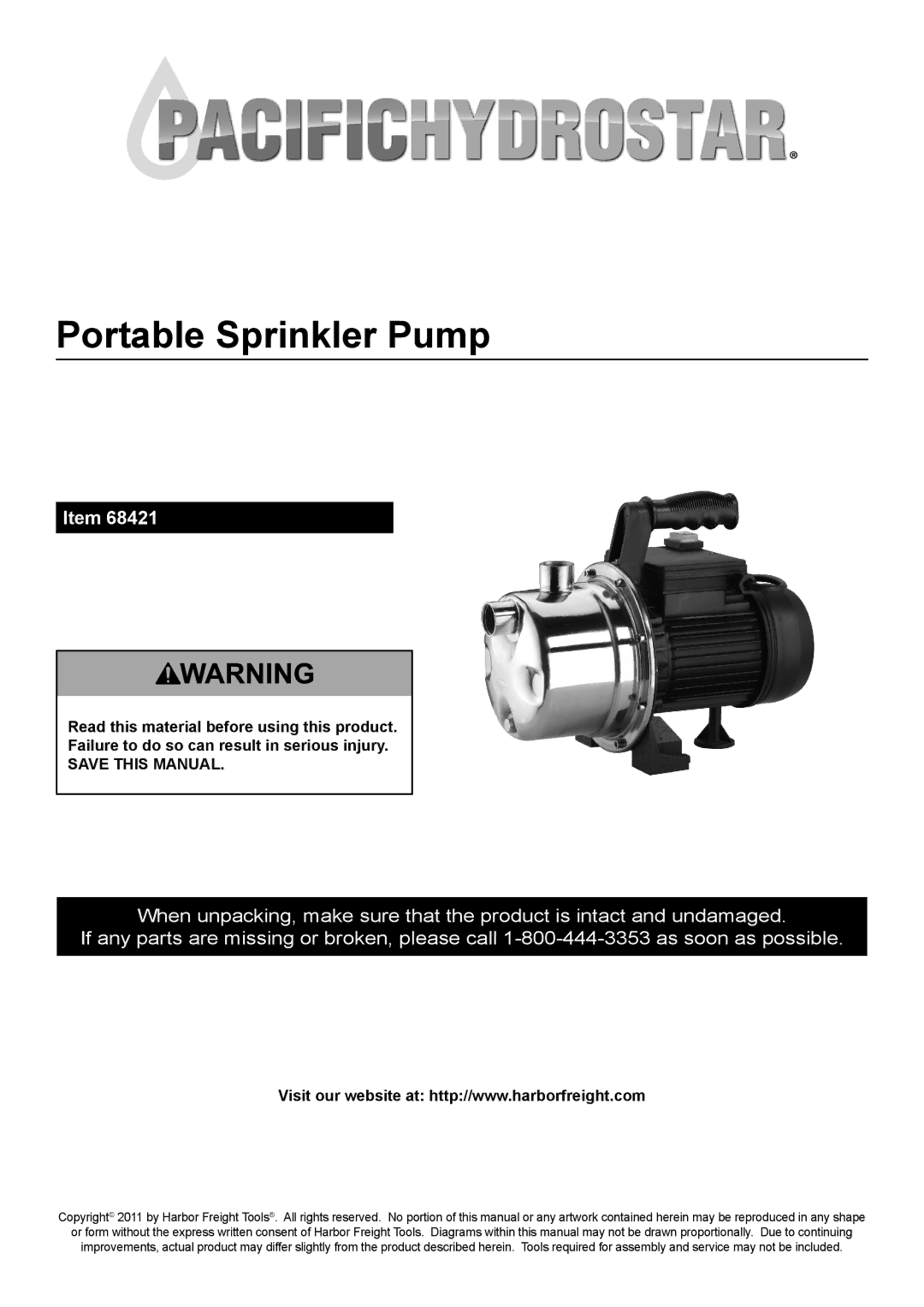 Harbor Freight Tools 6842 manual Portable Sprinkler Pump 