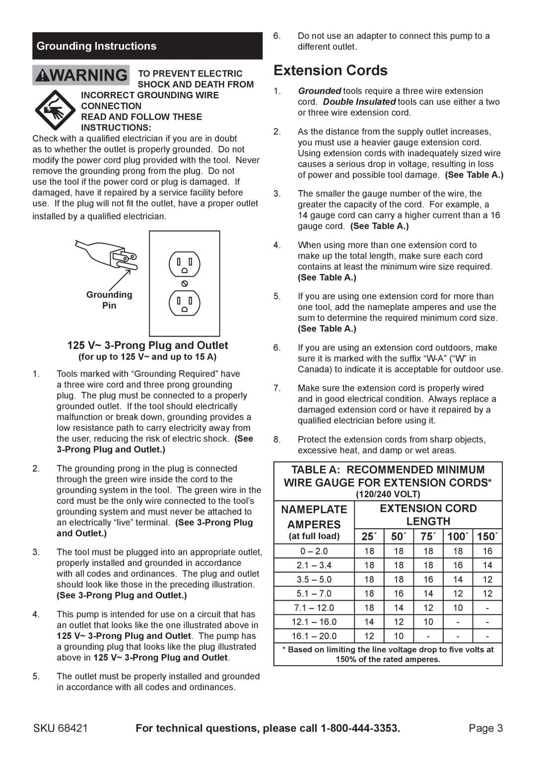 Harbor Freight Tools 6842 Extension Cords, Grounding Instructions, 125 V~ 3-Prong Plug and Outlet, 25´ 50´ 75´ 100´ 150´ 