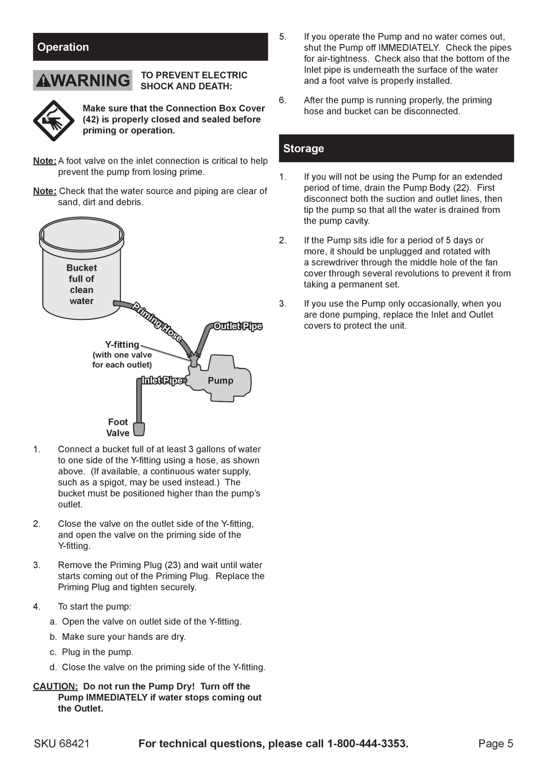 Harbor Freight Tools 6842 manual Operation, Storage, Fitting, Pump, Foot Valve 