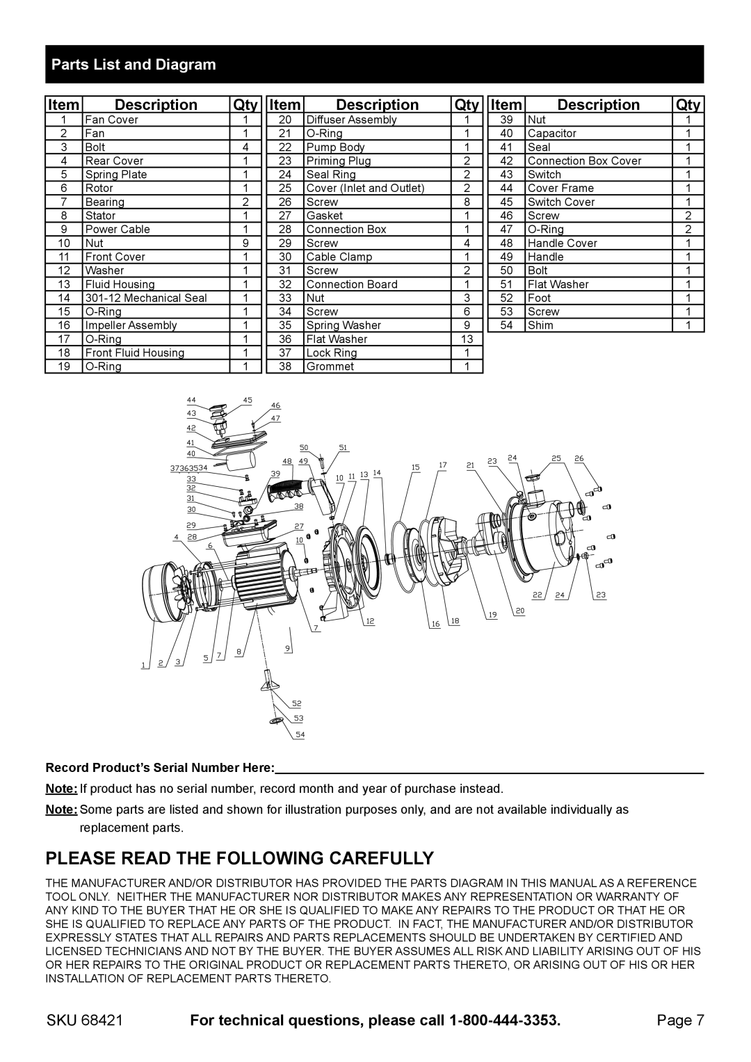 Harbor Freight Tools 6842 manual Parts List and Diagram, Description Qty, Record Product’s Serial Number Here 