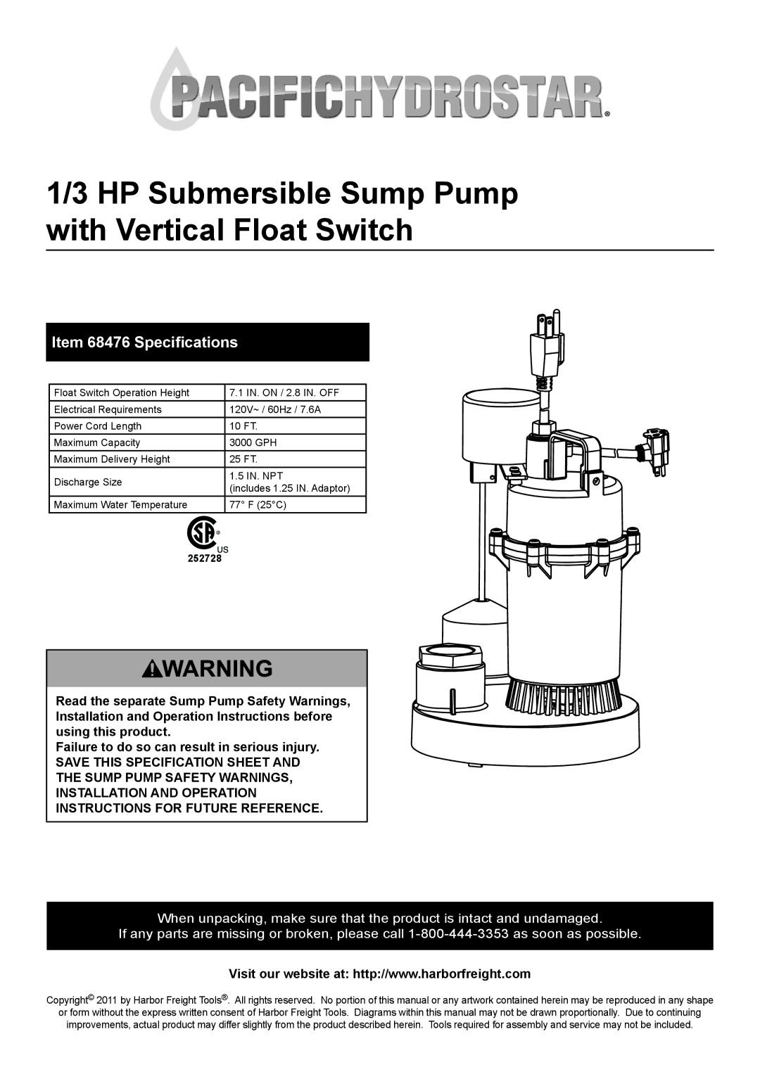 Harbor Freight Tools specifications HP Submersible Sump Pump with Vertical Float Switch, Item 68476 Specifications 