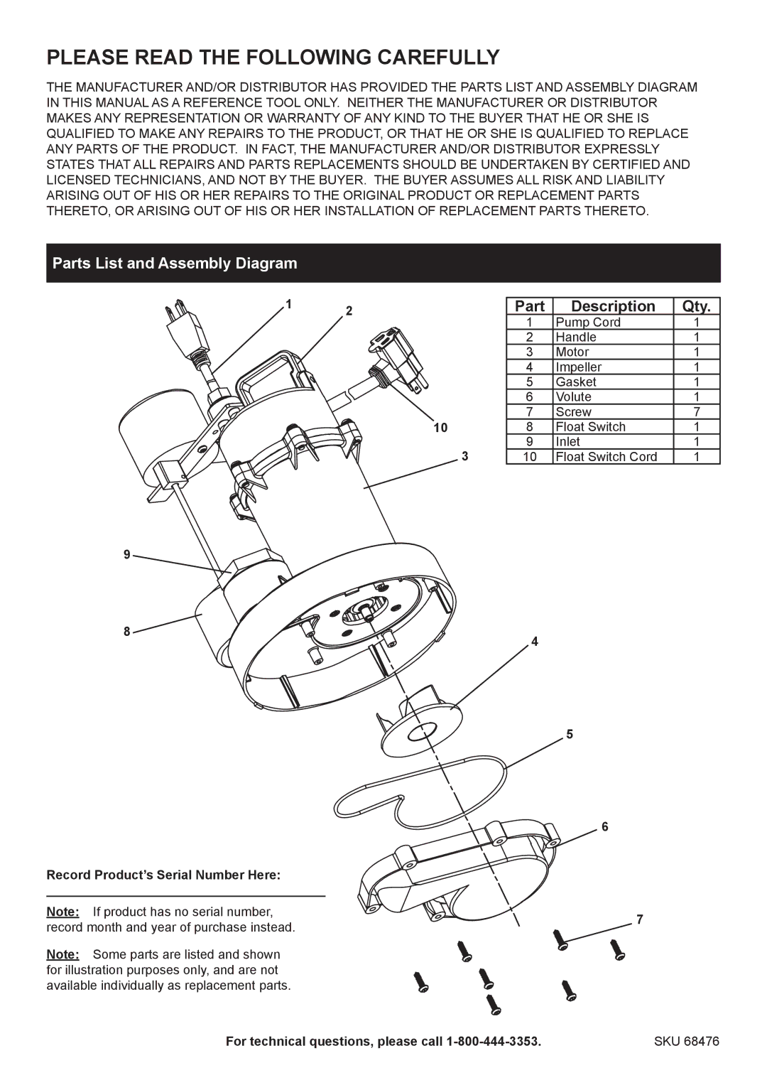 Harbor Freight Tools 68476 specifications Please Read the Following Carefully, Parts List and Assembly Diagram 