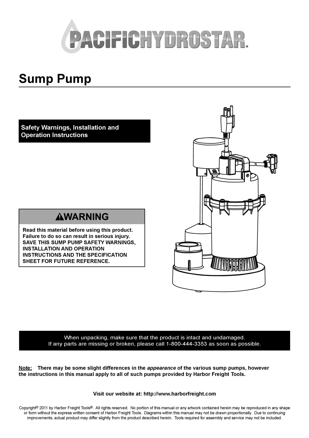 Harbor Freight Tools 68476 specifications Sump Pump, Safety Warnings, Installation Operation Instructions 