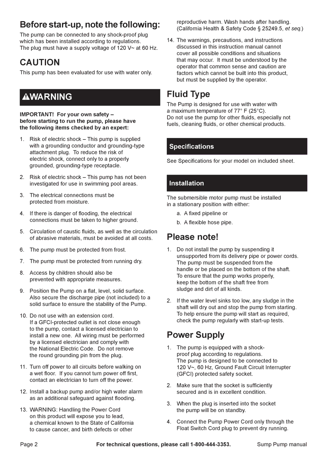 Harbor Freight Tools 68476 specifications Before start-up, note the following, Fluid Type, Please note, Power Supply 