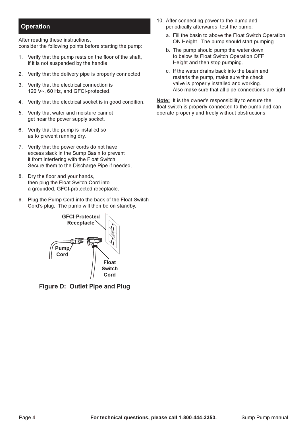 Harbor Freight Tools 68476 specifications Operation, GFCI-Protected Receptacle Pump Cord Float Switch 