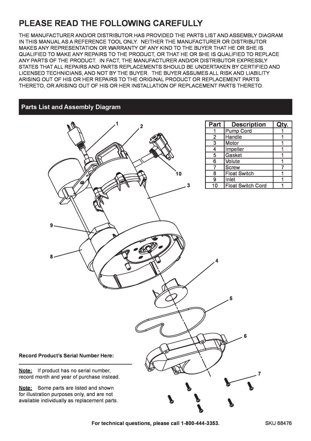 Harbor Freight Tools 68476 specifications Please Read The Following Carefully, Parts List and Assembly Diagram, Description 