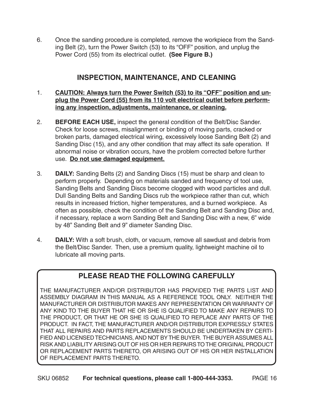 Harbor Freight Tools 6852 operating instructions INSPECTION, MAINTENANCE, and Cleaning, Please Read the Following Carefully 