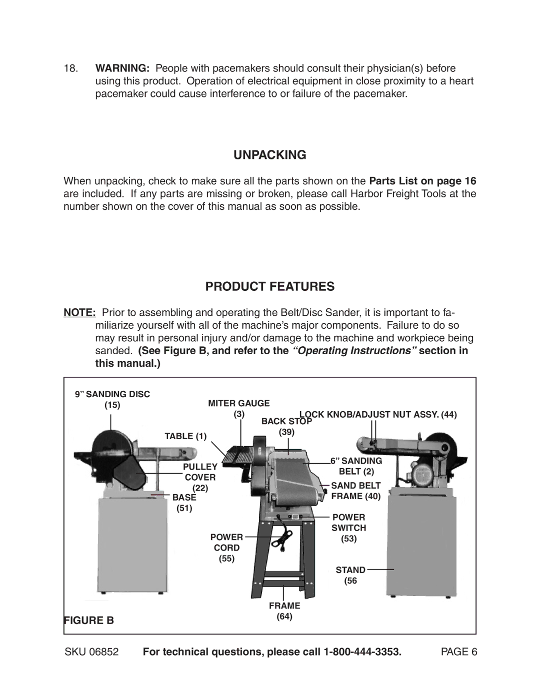 Harbor Freight Tools 6852 operating instructions Unpacking, Product Features 