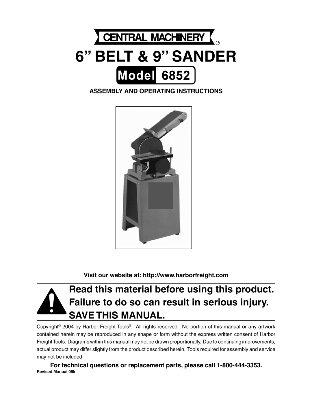 Harbor Freight Tools 6852 operating instructions Assembly And Operating Instructions, 6” BELT & 9” SANDER 