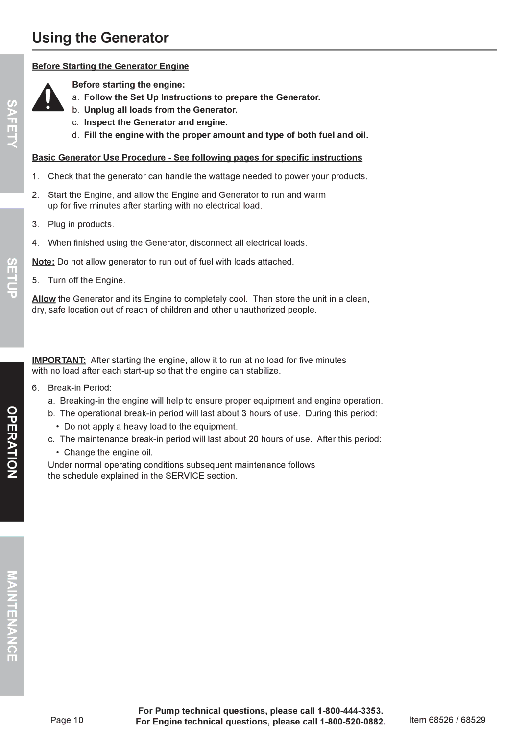 Harbor Freight Tools 68526 owner manual Using the Generator, Safety Setup Operation Maintenance 