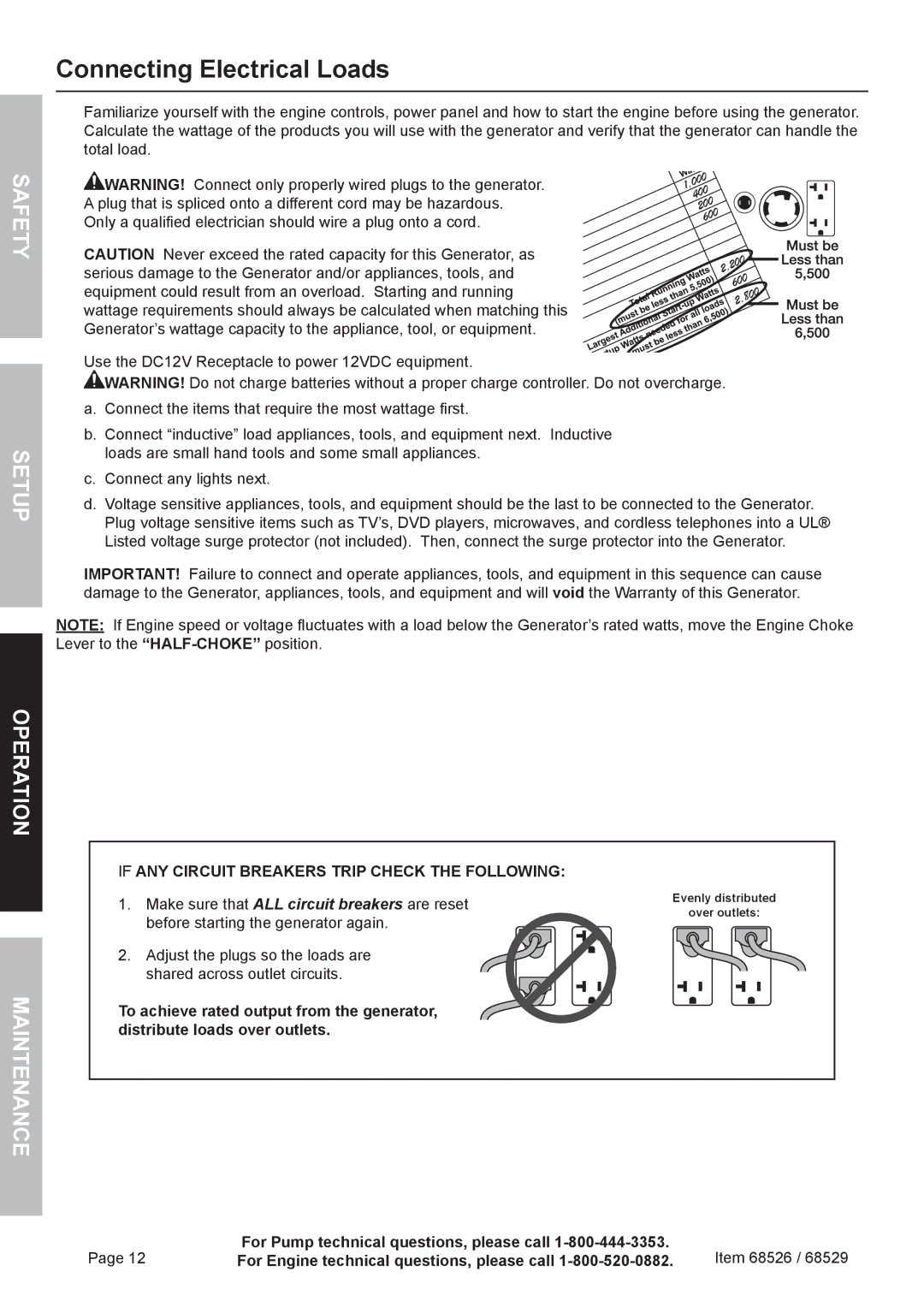 Harbor Freight Tools 68526 owner manual Connecting Electrical Loads, Safety Setup Operation 