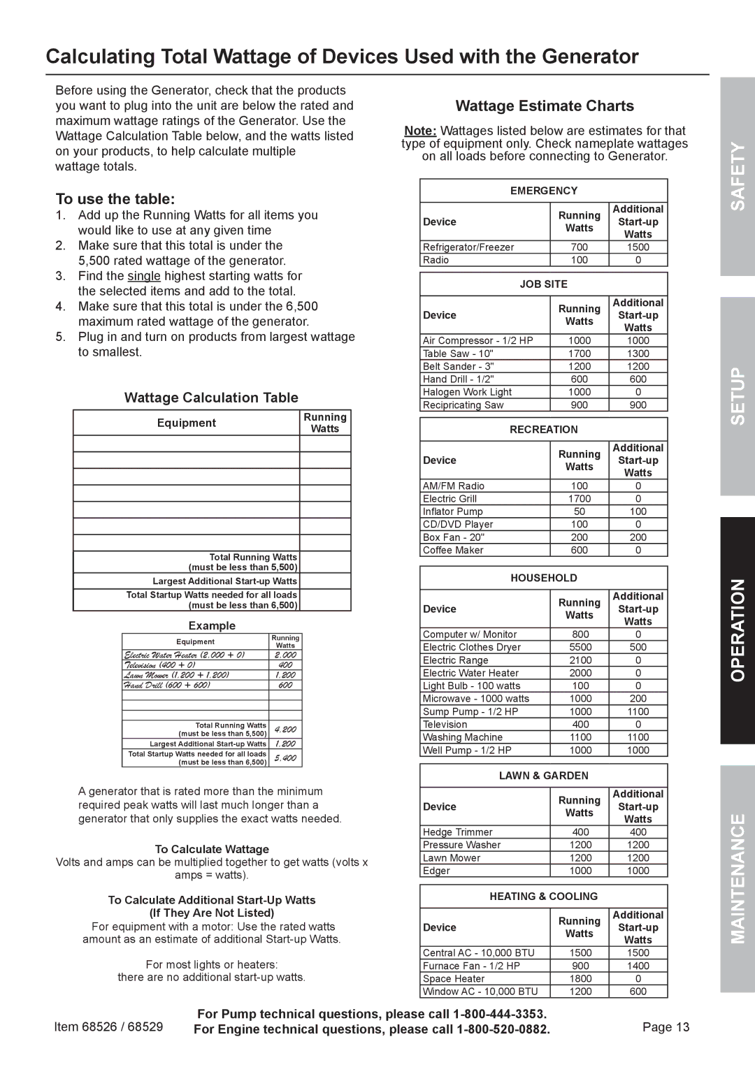 Harbor Freight Tools 68526 owner manual Equipment, Example, To Calculate Wattage 