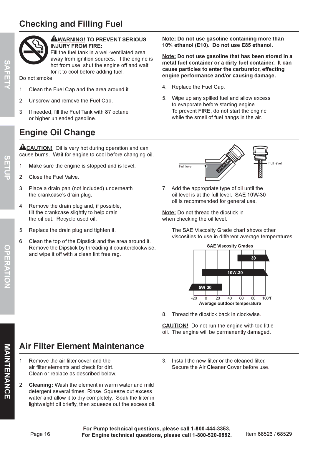 Harbor Freight Tools 68526 Checking and Filling Fuel, Engine Oil Change, Air Filter Element Maintenance, Aintenance 