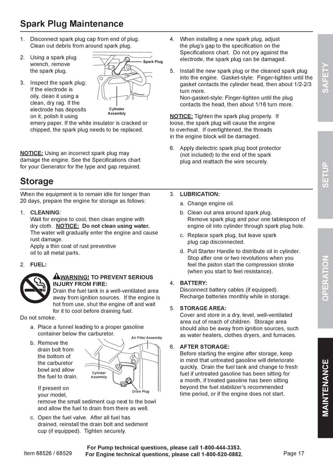 Harbor Freight Tools 68526 owner manual Spark Plug Maintenance, Storage 