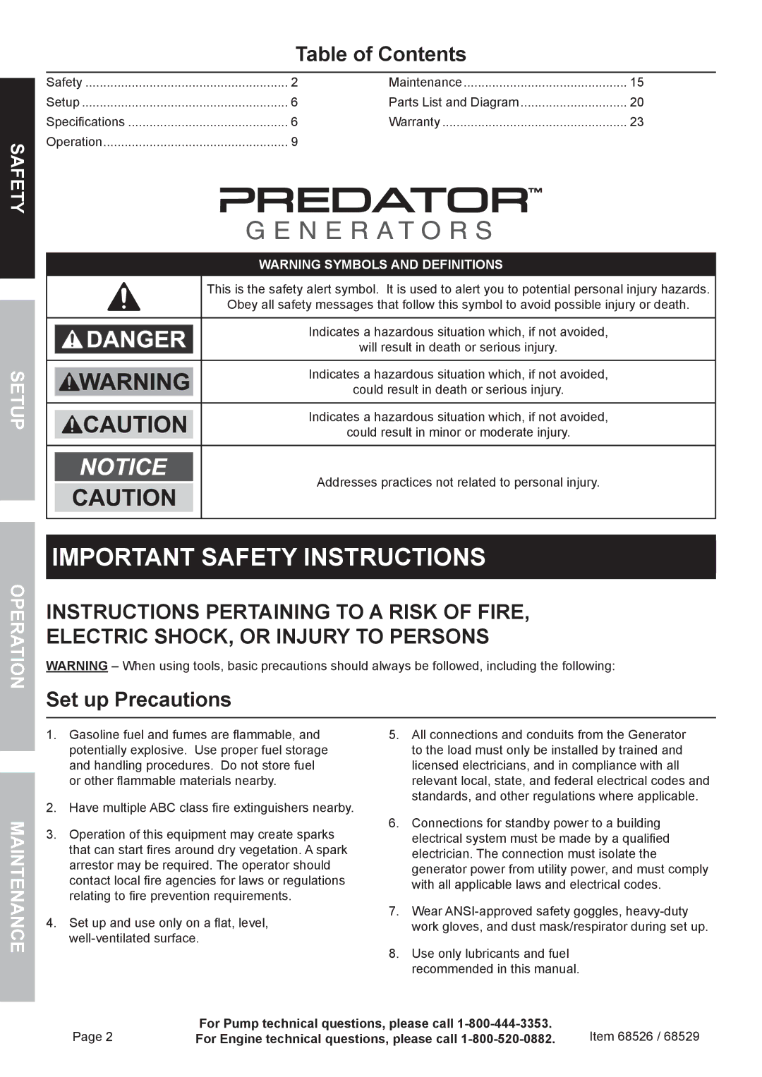 Harbor Freight Tools 68526 owner manual Important Safety Instructions, Table of Contents 