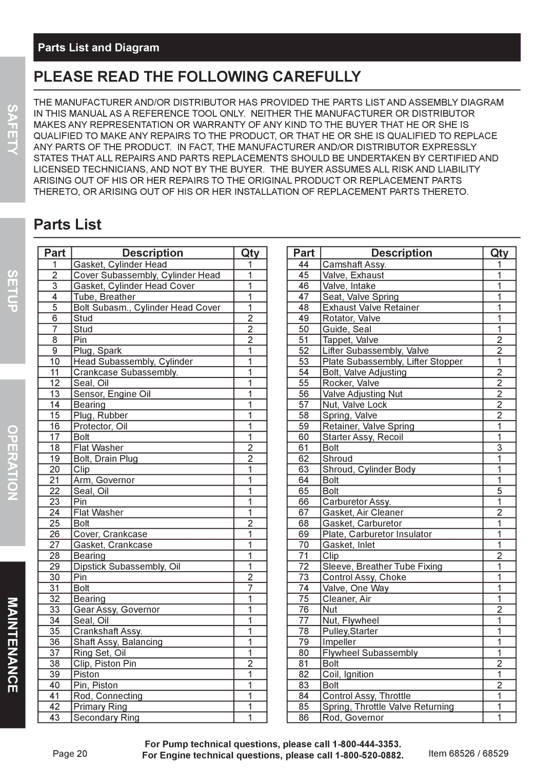 Harbor Freight Tools 68526 owner manual Please Read the Following Carefully, Parts List 