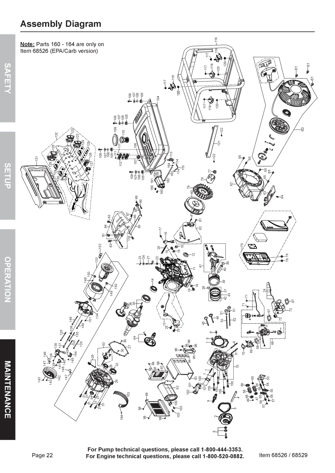 Harbor Freight Tools 68526 owner manual AintenanceM PerationO EtupS AfetyS, EPA/Carb 160 