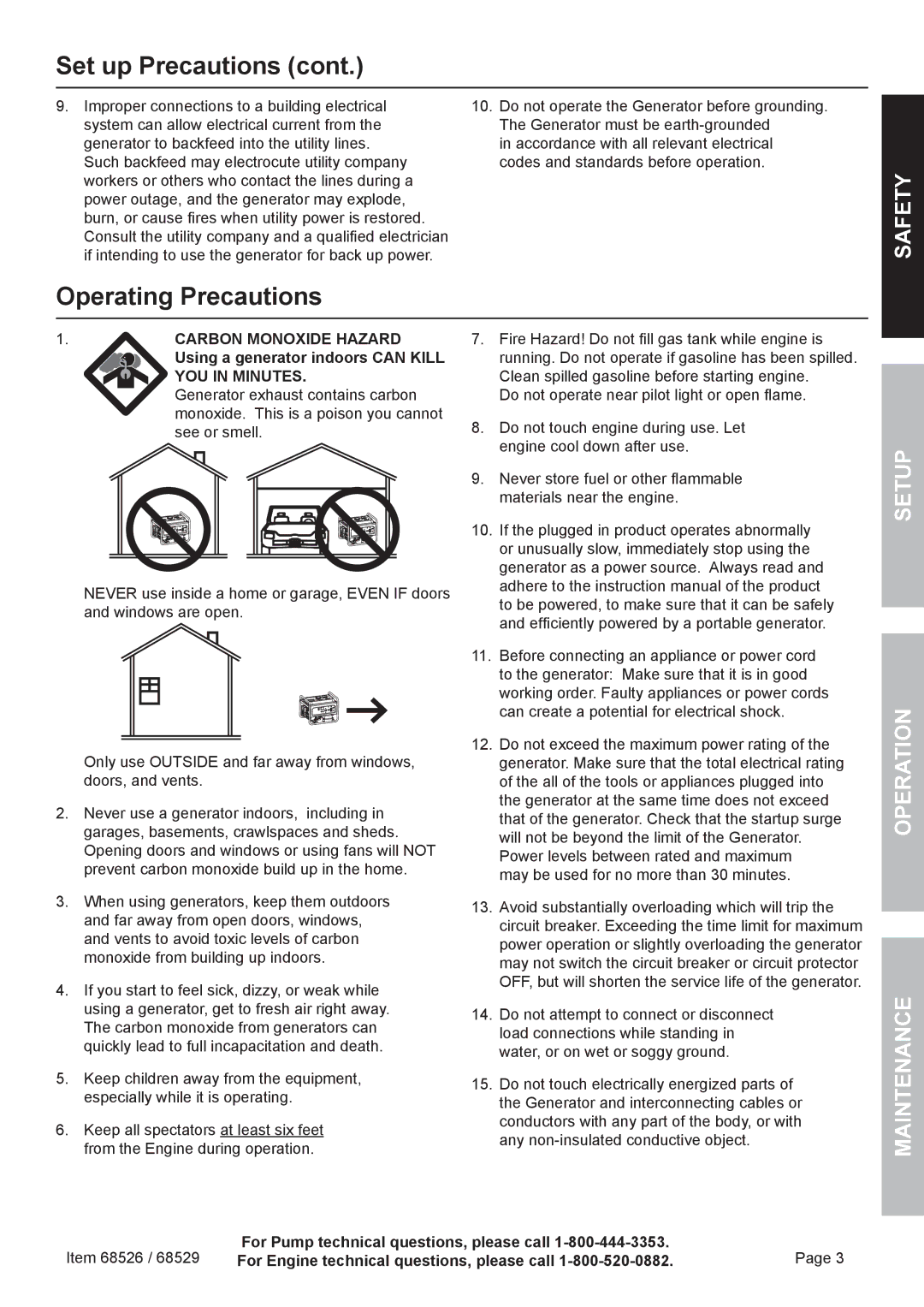 Harbor Freight Tools 68526 owner manual Operating Precautions, Setup Operation Maintenance 