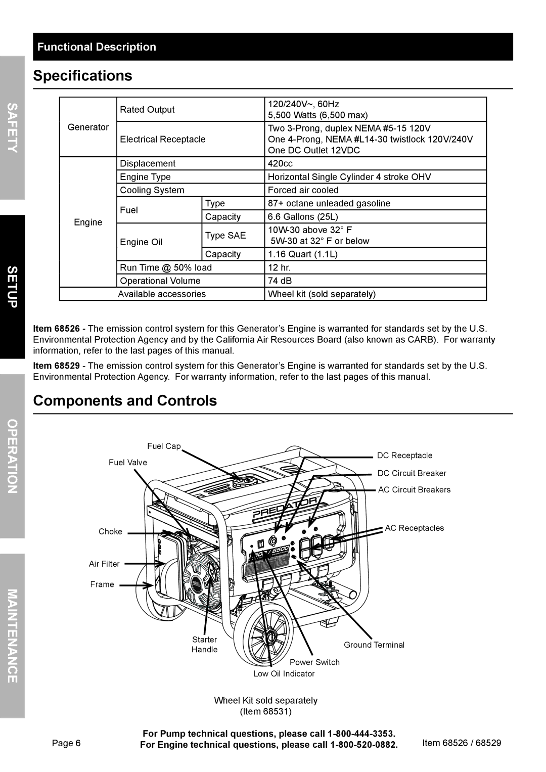 Harbor Freight Tools 68526 owner manual Specifications, Components and Controls, Safety Setup, Operation Maintenance 